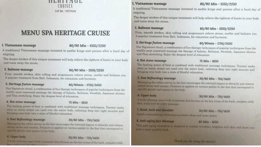 Heritage Cruise Binh Chuan: The Spa Menu