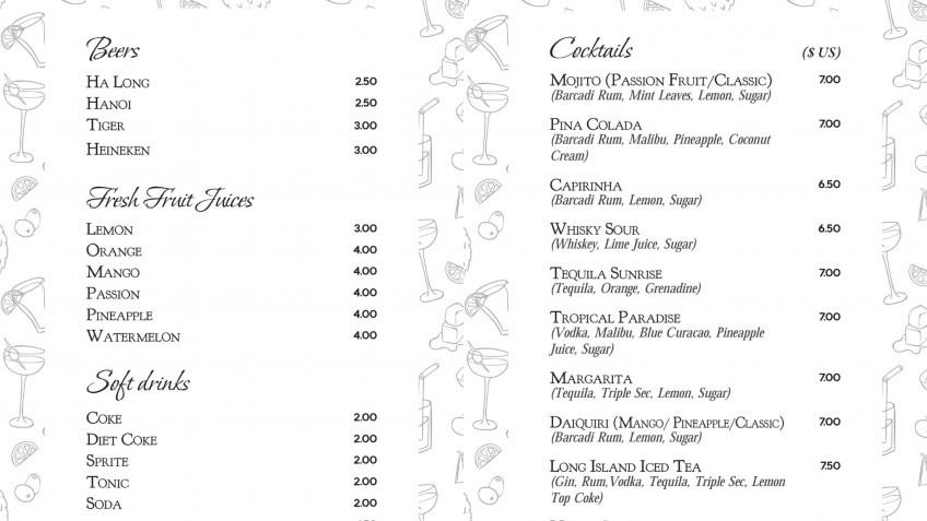 Sena Cruises: Sena's Drink List