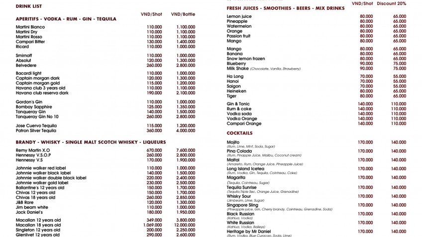 Heritage Cruise Binh Chuan: Heritage Drink Menu