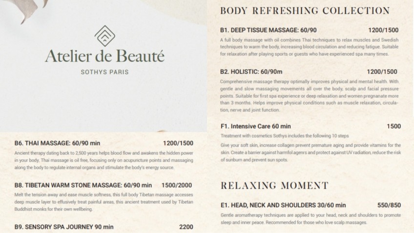 Ambassador Signature Cruise: Spa Menu