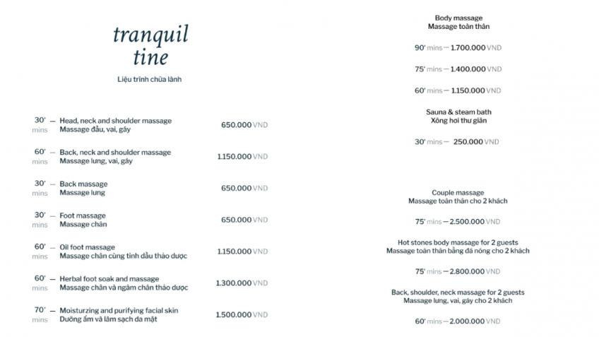 Grand Pioneers (Essence Grand) Cruise: Spa Menu