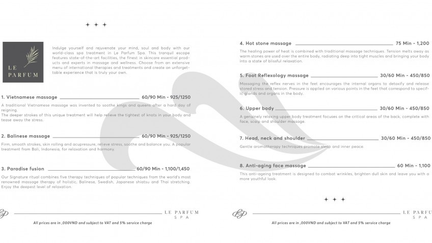 Paradise Grand Cruise: Spa Menu