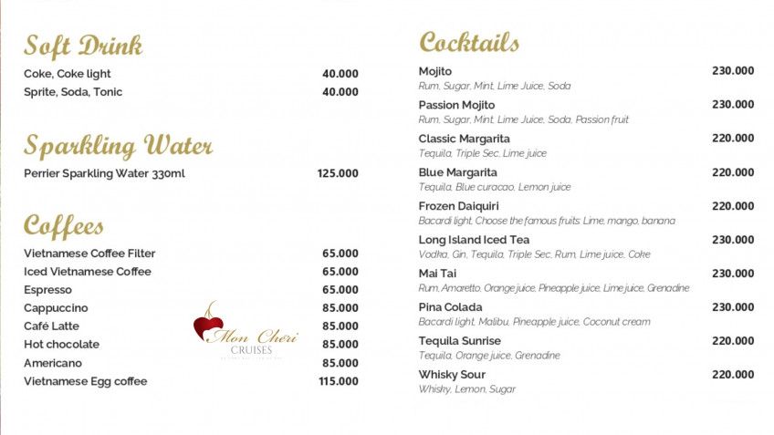 Mon Cheri Cruise: Drink Menu At Reasonable Price
